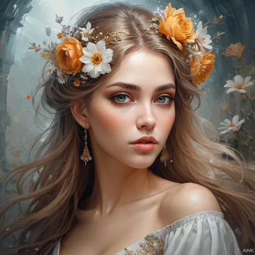Prompt: Q, 7, ♥, e, there is a woman with flowers in her hair and a dress, beautiful gorgeous digital art, beautiful fantasy art portrait, beautiful digital art, beautiful digital artwork, very beautiful digital art, beautiful fantasy portrait, beautiful feminine face, beautiful art uhd 8 k, gorgeous digital art, beautiful digital painting, beautiful fantasy maiden, karol bak uhd, beautiful art, beautiful painting, by Ank 
