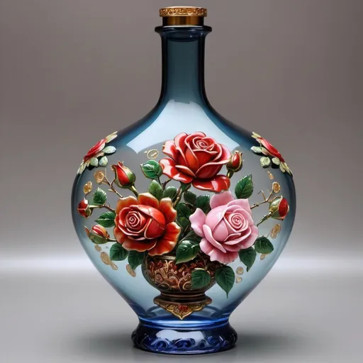 Prompt:  a vase with a painting of roses on it, beautiful intricate glass bottle, in a short round glass vase, perfume bottle, vase work, 3 d oil painting, translucent roses ornate, sand art bottle, hyper realistic poison bottle, transparent glass vase, cloisonne, style of chinese vase, detailed 3d gothic oil painting, cloisonnism, vase