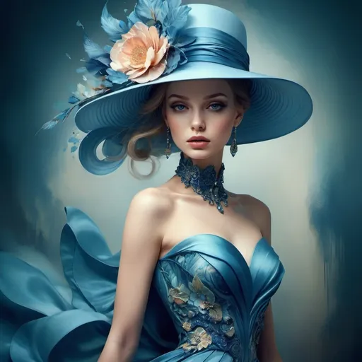 Prompt:  a woman in a blue dress and a hat, fashion art, creativity in fashion design, haute couture fashion shoot, beautiful fantasy painting, exquisite digital art, extravagant dress, in style of anna dittmann, luxury fashion illustration, award winning fashion photo, speculative fashion, stunning digital art, digital art fantasy art, colorful fashion, beautiful fantasy art portrait