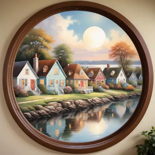 Prompt: Houses by the water, round design, large round window, full-color, airbrushed, dreamy painting of several cottages,