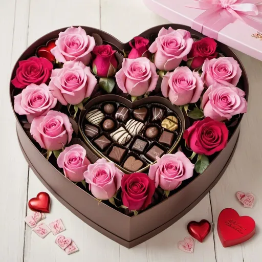 Prompt: a heart shaped box filled with pink roses and chocolates, a picture,   romanticism, beautiful graphics,   8 к