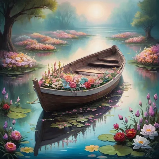 Prompt:  painting of a boat filled with flowers on a pond, fantasy art, beautiful fantasy painting, romanticism style painting, dreamscape art