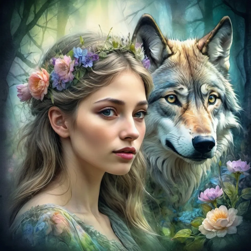 Prompt:   Double Exposure,  A very beautiful spring girl + wolf, in the style of Josephine Wall, Ultrarealistic digital illustration, watercolor drawing, Contemporary beautiful art, sensuality, atmospheric, dark fantasy, fantasy, magic, botanical, super-detail, maximum, quality, HDR, 1024k, 8d,  professional