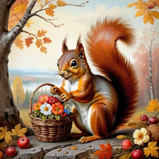 Prompt:  A realistic painting depicting a cute squirrel with a basket of flowers in its paws, against the backdrop of a bright autumn landscape. Executed in the traditional style of Russian folk painting, with detailed patterns and bright colors. Artist - Ivan Shishkin or Alexey Savrasov.