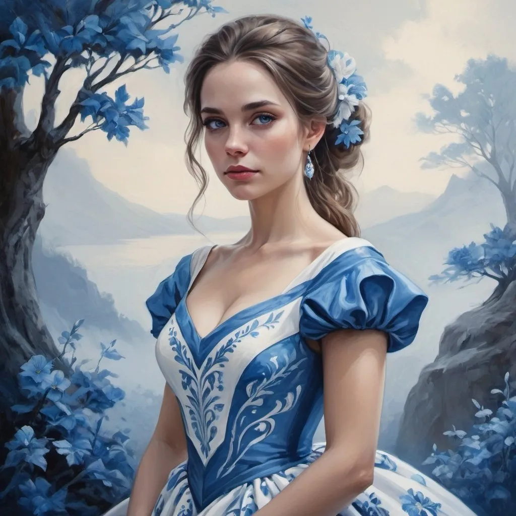 Prompt:  a painting of a woman in a blue and white dress,   fantasy art, beautiful fantasy painting, beautiful fantasy art portrait, very beautiful fantasy art