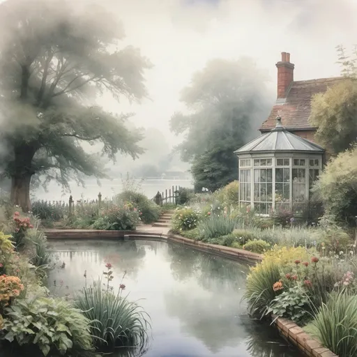 Prompt:  Victorian garden,summer, fog, mist, haze, morning, lake, vintage, beautiful, aesthetic, English watercolor, hyperdetalization, hyperrealism