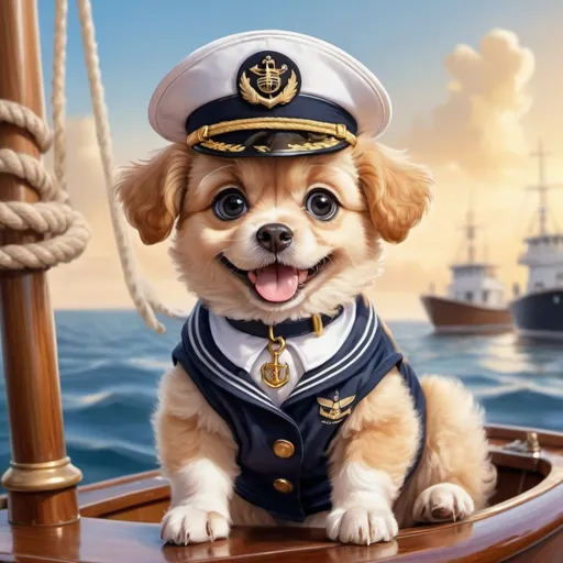 Prompt: a dog sitting in a boat, a cute face, big eyes and a smile,a sailor's uniform, a crystal collar, short golden curls, a marine background standing on a mast, a realistically beautiful airbrush drawing