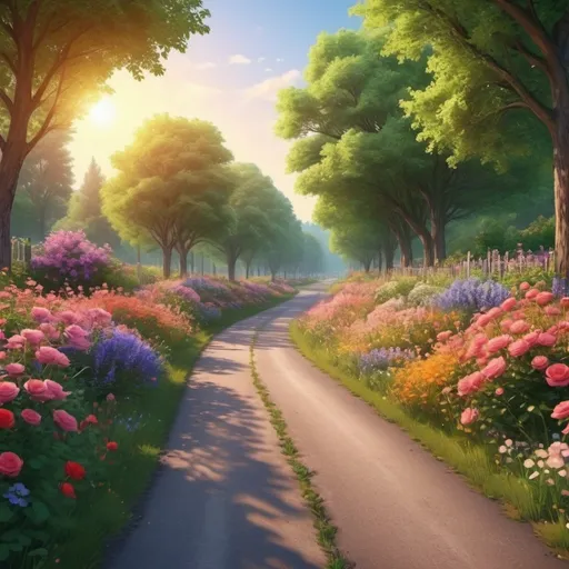 Prompt: a road surrounded by flowers, wildflowers on the side of the road, spring sunrise, rose garden, beautiful visualization, breathtaking beautiful trees, lush landscape, beautiful forest landscapes, beautiful UHD 4K art, cartoon cartoon, very bright design, realistic, natural, high detail, medium plan, blooming lighting effect,