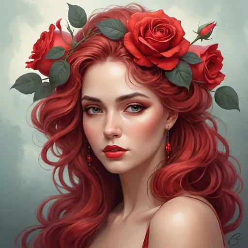 Prompt:  a woman with red flowers in her hair, beautiful fantasy art portrait, beautiful fantasy painting, beautiful fantasy portrait, very beautiful fantasy art, beautiful fantasy art, gorgeous art, gorgeous digital painting, gorgeous digital art, beautiful digital painting, beauty art nouveau woman, very beautiful digital art, red rose in hair, beauty woman with detailed faces,   stunning digital painting