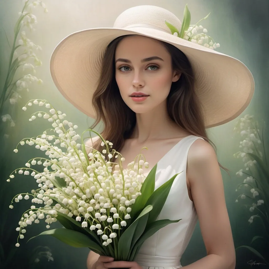 Prompt:  High-quality professional photo of a woman in a wide-brimmed hat and a white dress with a bouquet of lily of the valley flowers, lots of details, light, delicate sensuality, realism, surrealism, high quality, artwork, intricate details, professionally finished, ethereality, hyperrealism, transparency, soft pastel tones, backlight, contrast, fantastic, fabulous, unreal.