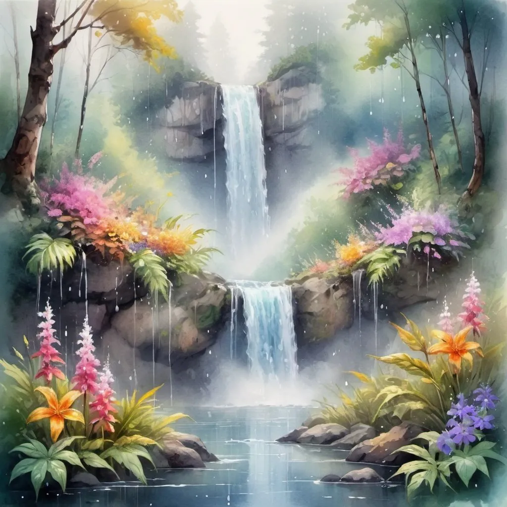 Prompt: waterfall in the middle of the forest, beautiful flowers and leaves, colorful flowers, raindrops mist, dream landscape, romantic painting, with floral splashes, atmospheric, mystical misty glow, wet leaves, beautiful sunlight, beautiful color palette, realistic, natural, high detail, medium plan, blooming lighting effect,
dry watercolor, the art of color sketch