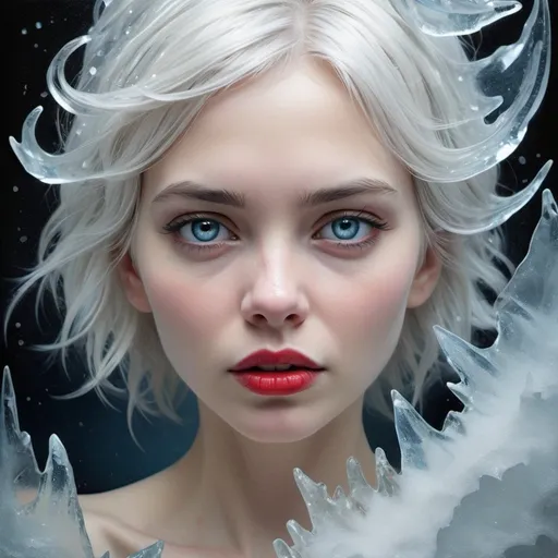 Prompt: Antarctica,  fantasy emotionally expressive portrait Shaddy madness  professional masterpiece action painting  oil  highly stylized  painting on cracked broken glass  mixed with lines markers art by Christine Ellger,  Mark Ryden , digital art, epoxy glass bioluminescent beautiful transparent   tender ice fairy girl , silver hair, glittering  sharp glowing eyes, expressive eyes, red lips, snow,  ice,  silver eyes, detailed petals texture,, detailed texture, , sculptural art,  , ,artistic tender.  beautiful, tiny detailed, 