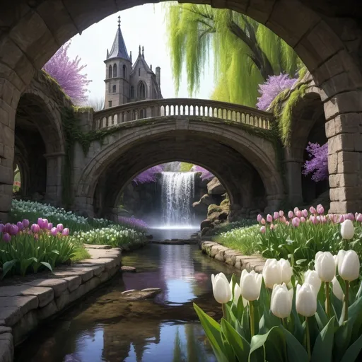 Prompt: Diablo style,spring,bridge,waterfall,pond,rocks,beautiful flower creature,trees,willow sprigs,ruins from under ruins,meadow,lily of the valley,tulips, bells,dark gothic,fantasy,dark botanical,horror,hdr,8k,5d,highly detailed,sharp focus,cinematic,hyper-realistic,hyper-detailed,filigree,intricate fractal patterns,digital art,magic force,mystic,vintage,old background.violet.