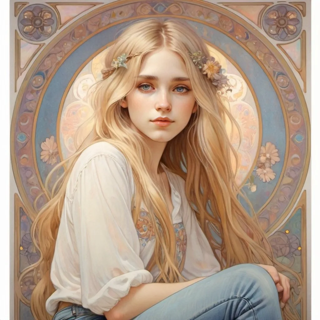 Prompt: A romantic illustration of a beautiful young hippie girl with long blonde hair, in jeans and a white blouse, soft pastel colors, dreamy lighting, detailed details, Alphonse Mucha and Gustav Klimt.