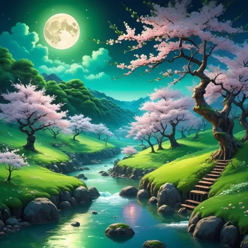 Prompt: The unique landscape is fascinating: a river flowing through a lush green forest under a full moon, beautiful and spectacular twilight, blooming cherry trees, pixar art 3d, Japanese art style, "enchanted dreams".