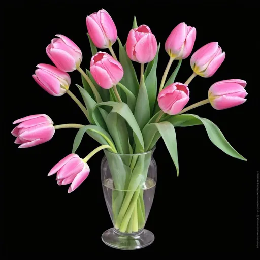 Prompt:  a bouquet of pink tulips on a black background, telegram sticker, faved watched read, vinayak, :: morning, digital marketing, very peaceful mood, inspired by Ammi Phillips, fragrant plants, favicon, in a short round glass vase, by Anne Stokes, test, at day 