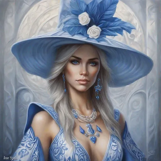 Prompt: a woman in a blue and white dress and hat, a fine art painting by Anne Stokes, deviantart, fantasy art, beautiful fantasy painting, beautiful fantasy art portrait, beautiful fantasy portrait