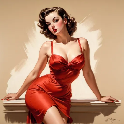 Prompt: Realistic drawing of a beautiful woman in a red dress, in pin-up style, with a spectacular pose and full growth. Art by Gil Elvgren, Alberto Vargas and Olivia De Berardinis. The backgrounds are softly lit and detailed, like those of John Singer Sargent and Edward Hopper. The painting technique is oil paint on canvas to create a smooth texture and rich colors. Excellent use of light and shadow to add dimension to a woman's figure.