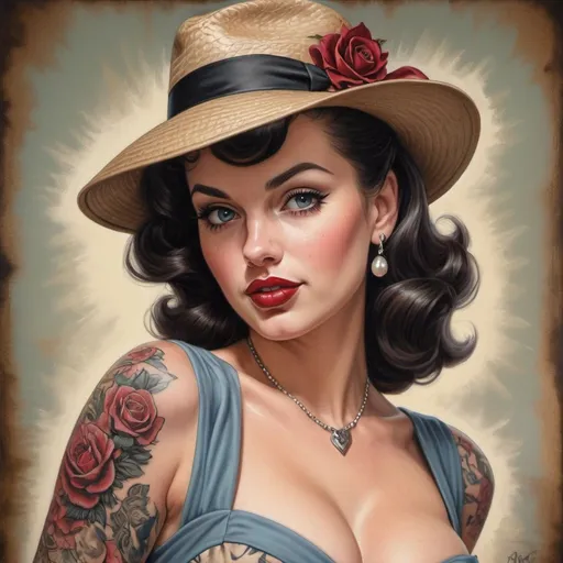 Prompt: painting of a woman in a dress and hat, pinup art, detailed female face inspired by Mark Brooks, dressed like in the 1940s, lover,    agile young woman, tattooed pinup  