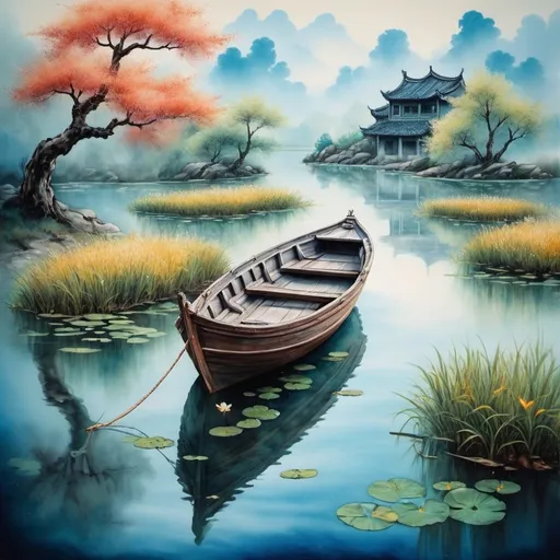 Prompt:  painting of a boat on a pond, magical realism, romanticism painting, dream decoration art, beautiful fantasy painting. in the style of Chinese painting