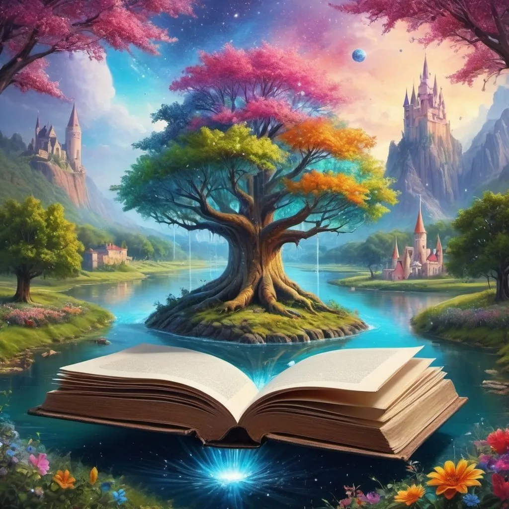 Prompt: Magical fantastic open book, on the book fabulous big trees, plants, flowers, river, floating air castle fantastic worlds, cosmic worlds, metamorphosis realistic, fabulous, bright saturated colors, oil painting, fantasy art ,