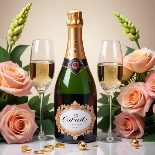Prompt: a bottle of champagne next to two glasses of wine, against the background of a bouquet of flowers in exquisite, luxurious, romantic and festive detail -No. 9, octane number 8 carats,very bright design, realistic, in cartoon style