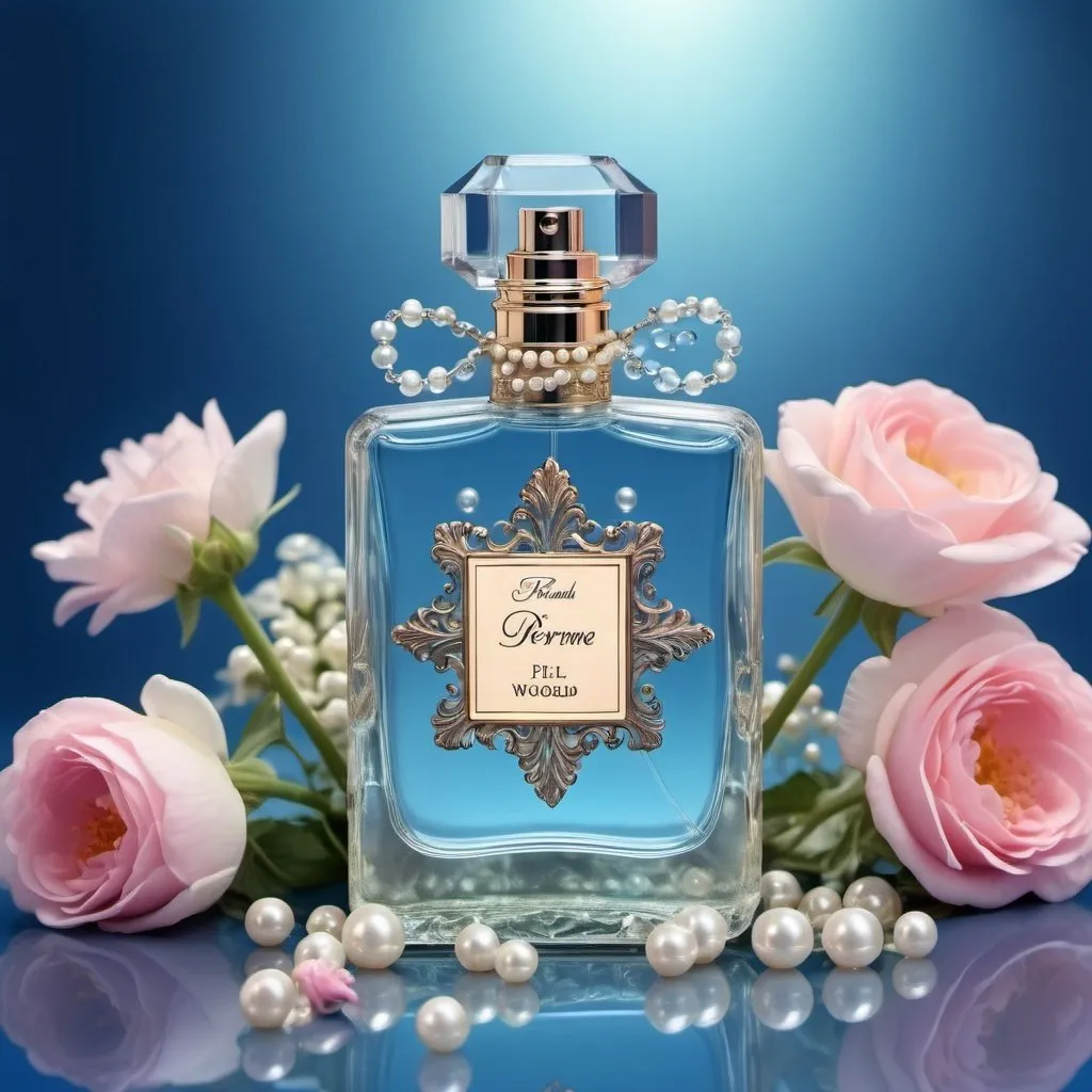 Prompt:  a bottle of perfume with flowers and pearls, transparent backround, very magical and dreamy, blue room, 🎀  , flora world, flasks,   extremely detailed beautiful, centred in image, with notes, hyper realistic art, clean image