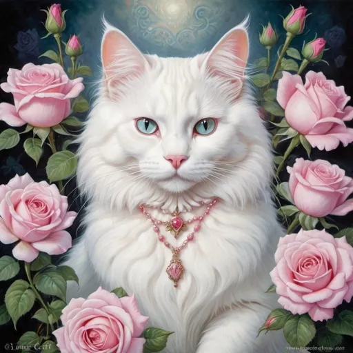 Prompt: a painting of a white cat surrounded by roses, by Anne Stokes, by Kinuko Craft, cattie - brie of mithril hall, white cat in a pink dress, elegant cat, by Louis Wain, very very beautiful furry art,   cat portrait painting, a painting of a cat, by Eileen Aldridge, beautiful animal pearl queen