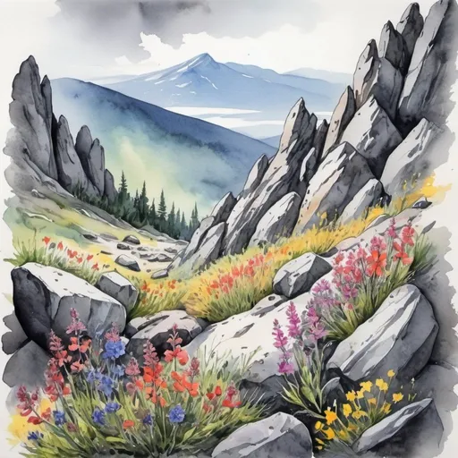 Prompt: mountain landscape with wildflowers , with a lot of dark gray rocks, watercolor ink drawing, realistically bright colors