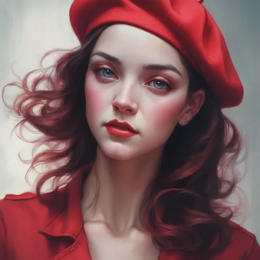 Prompt: the woman in the red French beret, artgerm and James Jean, realistic sweet girl beautiful , Joyce Ballantyne style, realistic portrait beautiful fantasy portrait
