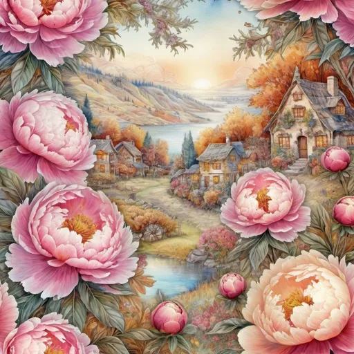 Prompt: fabulous landscape ornament peonies, village, ornament, pastoral, gentle, light, sunny, transparent cozy autumn, Josephine wall style ornament, grunge, intricate, map, careful drawing, watercolor, dot graphics, natural natural colors, pastel, Micro detailing, grotesque, art botanical,