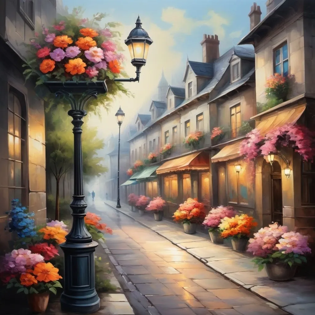 Prompt:   Immerse yourself in the serene atmosphere of this painting, showing a delightful street scene decorated with bright flowers and a fancy lamppost. The serene atmosphere is delightful , the scene is Artistic Touches ,fantasy is beautifully realistic, art fantasy