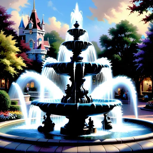 Prompt:  a fountain with a star on top of it, style thomas kinkade, ( ( thomas kinkade ) ), style of thomas kinkade, thomas kinkade. highly detailed, photorealistic disney, featuring flowing fountains, disney render, by Cherryl Fountain, fountain of water, by thomas kinkade, by Thomas Kinkade, thomas kinkade painting, thomas kinkade sharp focus