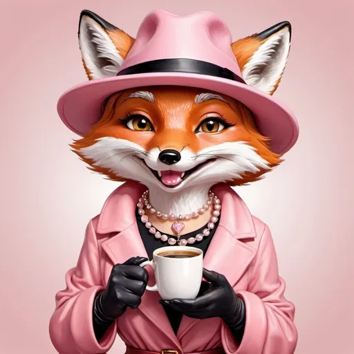 Prompt: cartoon fox (female) in a pink hat and with a cup of coffee in her hands, fashionable in elegant jewelry, luxury, afternoon, smug smile, foxes, donut, realistic drawing  