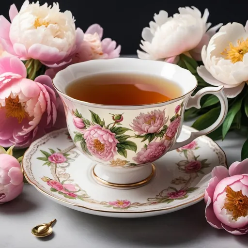 Prompt: A richly exquisitely decorated tea cup and saucer with floral ornaments with hot tea, surrounded by bouquets of pale pink peonies and other decorative elements.