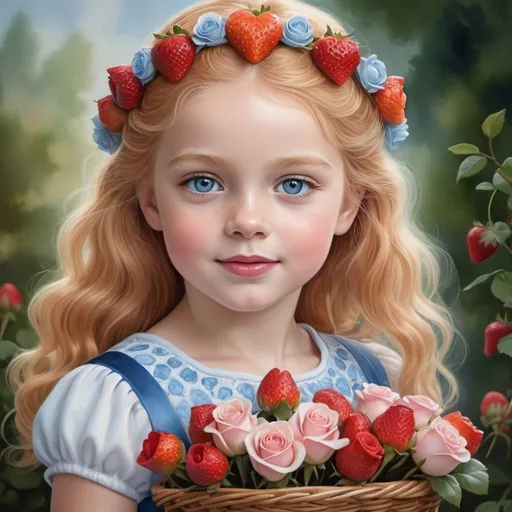 Prompt: little girl with a basket of red, soft pink and white roses, sparkling blue eyes, heart-shaped face, long strawberry blonde hair, beautiful blonde in a red and blue combination dress, very detailed face, detailed airbrushing, ultra-realistic, beautiful, colorful, realistic, high detailing, rim light, 3D motion graphics, stunning watercolor painting