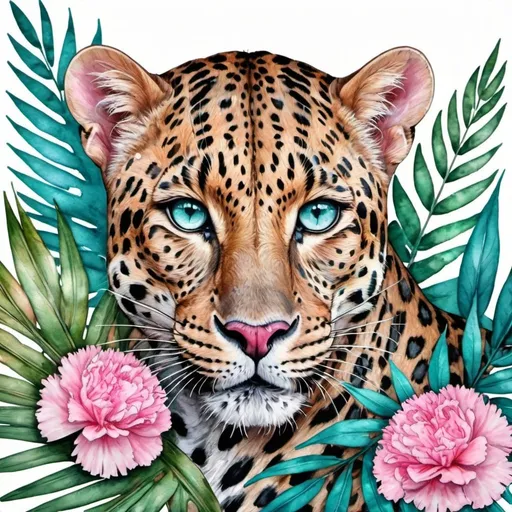 Prompt:  Bright Asian leopard, turquoise eyes, lying on palm leaves, pink carnation, realistic,multi-layered watercolor, colored ink, filigree drawing with a thin pen, grunge