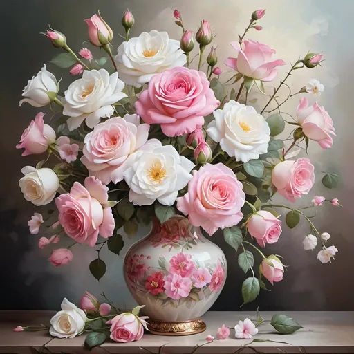 Prompt:  a vase filled with pink and white flowers, realistic flowers oil painting, beautiful large flowers, elegant flowers, translucent roses ornate, vase of flowers, beautiful flowers, flowers background, floral flowers colorful, decorative flowers, vase with flowers, pink flowers, soft flowers, i dream of a vase flowers, colourful flowers bouquet, depicting a flower, romanticism painting, beautiful flower