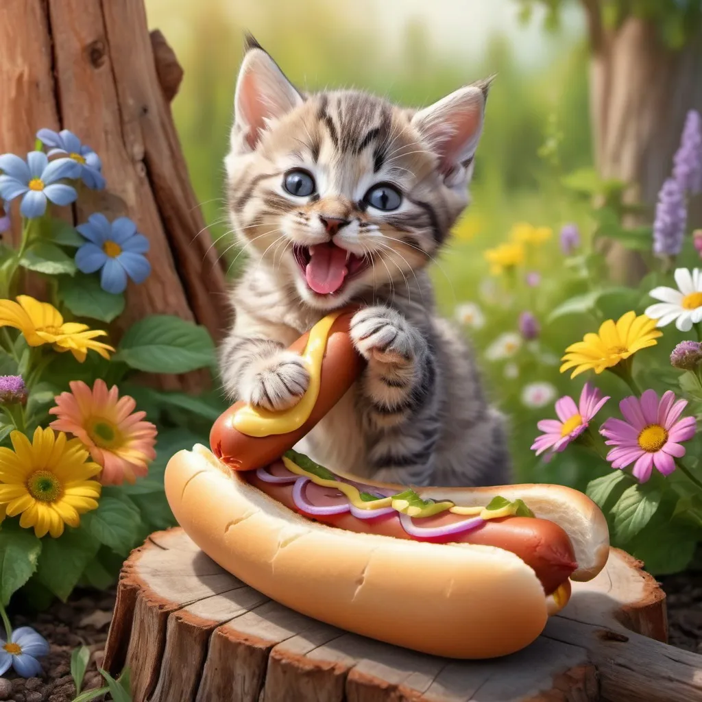 Prompt:  a kitten licking a hot dog on top of a stump, a happy smile, very tasty, smiling, laughing, against a background of flowers and a bush, fantasy beautifully realistic drawing 3 D airbrush