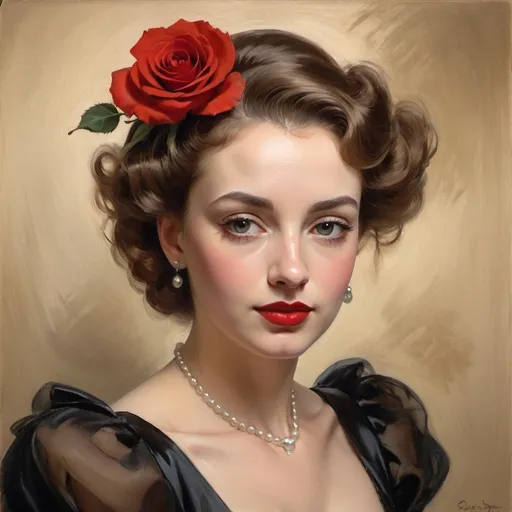 Prompt:  Stunning portrait of a woman with classic 1940s style hair and makeup, wearing a black dress with puff sleeves and holding a red rose. The painting reflects the elegance and glamor of the era, with intricate details of the woman's face, hairstyle and clothing. Created by John Singer Sargent or Edgar Degas using oil painting techniques, this work is highly realistic. Studio lighting adds depth to the image, making it seem as if the subject might step off the canvas at any moment. This piece of art is perfect for those who appreciate vintage fashion and timeless beauty.