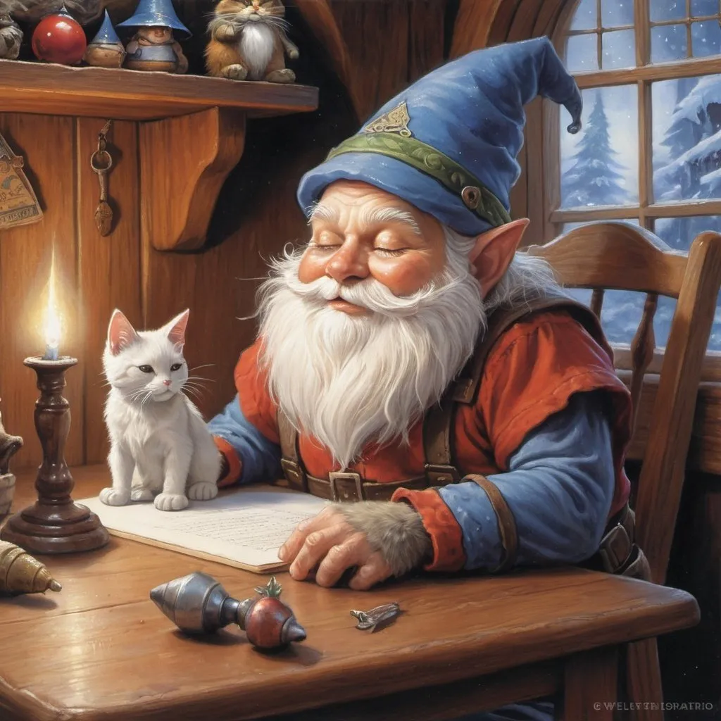 Prompt:   a painting of a cat and a gnome on a table, nordic folk, drew struzan style art, cat sleeping, cute little troll, an oldman, he dreams of all the battles won, image on the store website, gwelf, artist - phil moss, artstatio, santa clause, inspired by Rob Gonsalves, half wooden pinocchio 