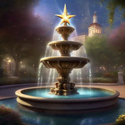 Prompt:  a fountain with a star on top of it, a digital rendering by Cherryl Fountain, cgsociety, magic realism, style thomas kinkade, ( ( thomas kinkade ) ), style of thomas kinkade