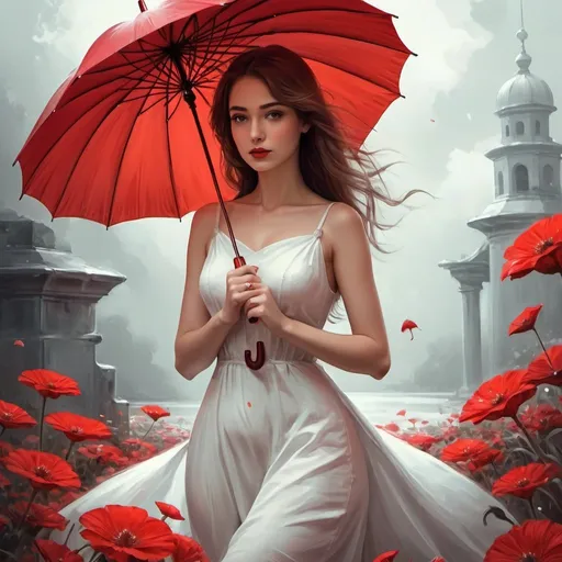 Prompt:  a woman in a white dress and a red umbrella, depicting a flower, very beautiful digital art, beautiful gorgeous digital art, very very beautiful art, exquisite digital art, beautiful digital artwork, beautiful digital art, gorgeous art, beautiful fantasy painting, woman in flowers, beautiful flower, stunning digital art, very very very beautiful art, fantasty art, exquisite digital illustration
