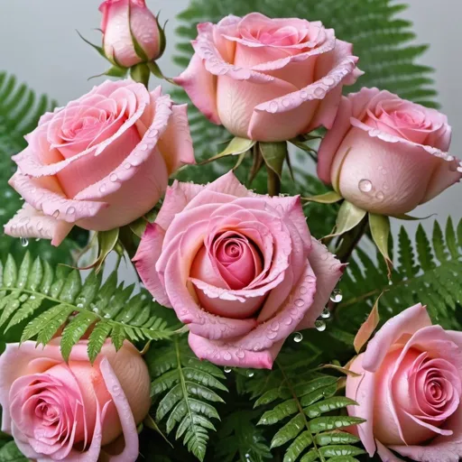 Prompt:  bouquet of pink roses with water droplets, roses and lush fern flowers,decorative roses, roses in the background, translucent roses, beautiful large flowers, beautiful flowers, intricate floral patterns