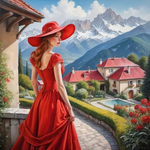 Prompt: a painting depicting a woman in a red dress and hat, stunning panorama, detailed fantasy painting, alpine, is a delight, with a French garden, feminine proportions, a young  elegant woman, red roofs,