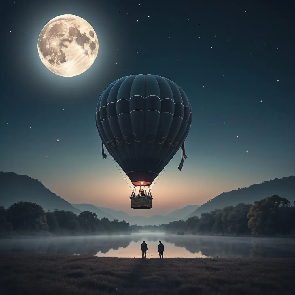 Prompt: The serene and enchanting scene shows a hot air balloon floating gracefully in the sky under the gaze of the full moon. The hot air balloon is beautifully illuminated against the dark night sky, creating a mesmerizing contrast. A man can be seen in the background admiring the spectacle. The composition exudes a sense of calm and wonder, inviting the viewer to imagine themselves floating in the night sky. The colors are rich and atmospheric, with shades of blue, gray and earth tones dominating the palette. a moment of magic and adventure in the peaceful night sky.