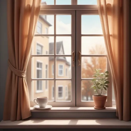 Prompt:  picture of window sill in front of window, realistic windows, cozy home background, large curtains background, cozy cafe background, storybook layout, realistic detailed background, muted realistic colors, cozy living room background, window sill vignette, detailed backgrounds, interior background art, artistic performance in warm color scheme, mono-eye window, blurry and dreamy illustration