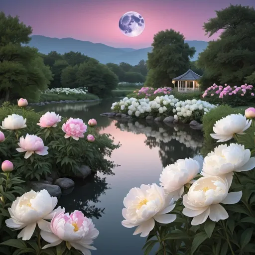 Prompt: A serene night scene with a full moon rising over a tranquil river, surrounded by a breathtaking garden of white and pink peonies