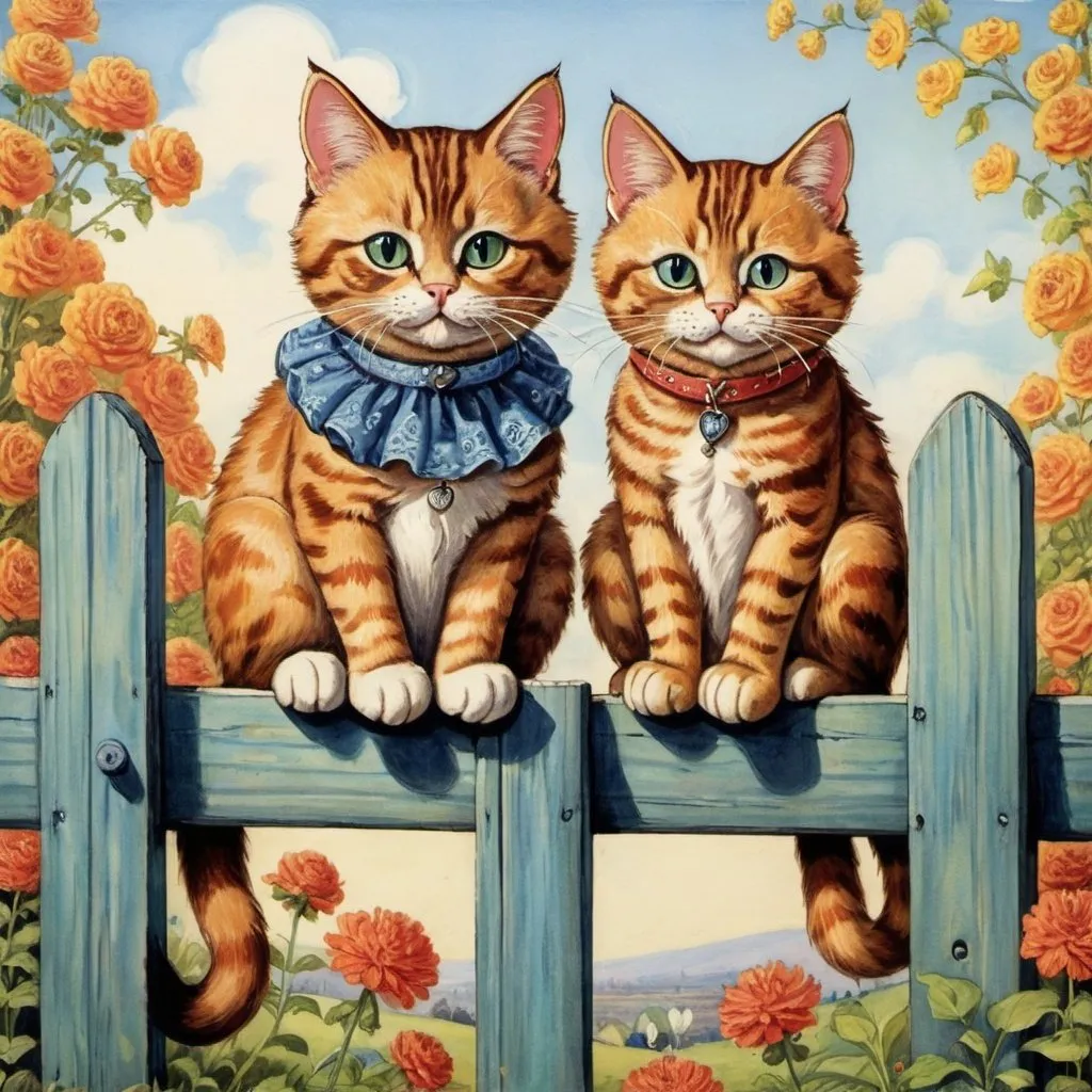 Prompt:    a couple of cats sitting on top of a wooden fence, a fine art painting by Louis Wain, pinterest, folk art, illustration of 2 cats, cute cats, cute kittens