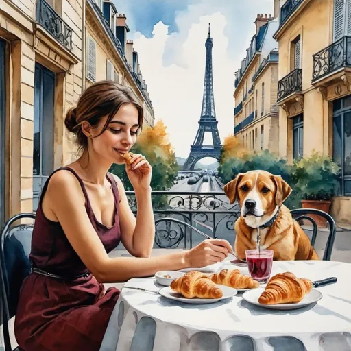 Prompt:  woman sitting at the table with a dog on a leash, dog eating croissants, Parisian background, high detail, modern European painting multi-colored ink